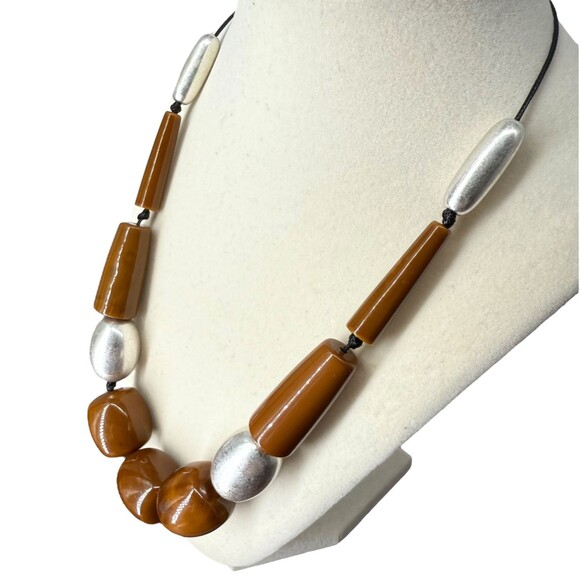 J. Jill Beaded Necklace Brown Silver Chunky Weekend Getaway Statement Adjustable - Picture 4 of 9
